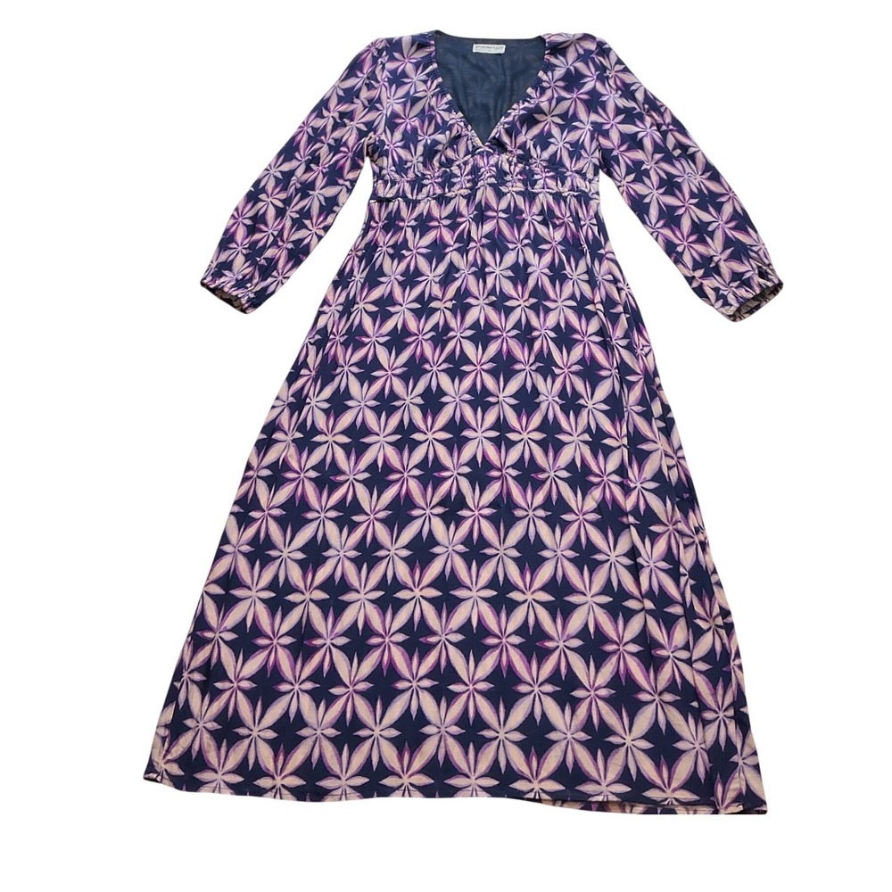 Electric & Rose Purple Geometric Floral V-Neck Smocked Maxi Dress Pockets L - Picture 2 of 9